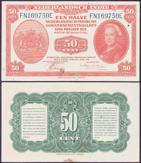 1943 Netherlands Indies 50 Cent (aUnc) L000466